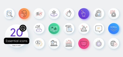 Simple set of Text message, Work home and Face protection line icons. Include Bitcoin mining, Mail letter, Leadership icons. Pyramid chart, Smile face, Sale tags web elements. Vector