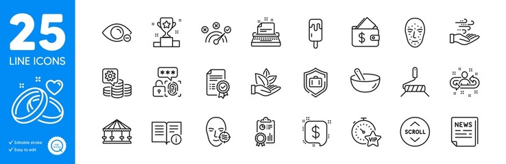 Naklejka premium Outline icons set. Vip timer, Ice cream and Typewriter icons. Making money, Paint roller, Face biometrics web elements. Recruitment, Inspect, Payment message signs. Winner cup, Wallet. Vector