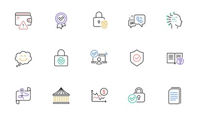 Fototapeta na wymiar Copy files, Password encryption and Security shield line icons for website, printing. Collection of Carousels, Wallet, 24h service icons. Artificial intelligence, Smile. Vector