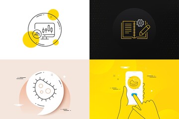 Minimal set of Candlestick chart, Engineering documentation and Bacteria line icons. Phone screen, Quote banners. Pie chart icons. For web development. Report analysis, Manual, Antibacterial. Vector