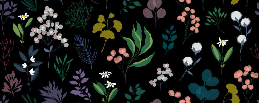 Moody floral seamless pattern with many decorative flowers, leaves and twigs. For fashion fabrics, wallpaper and interior design, children’s clothing, T-shirts, postcards, templates and scrapbooking. 