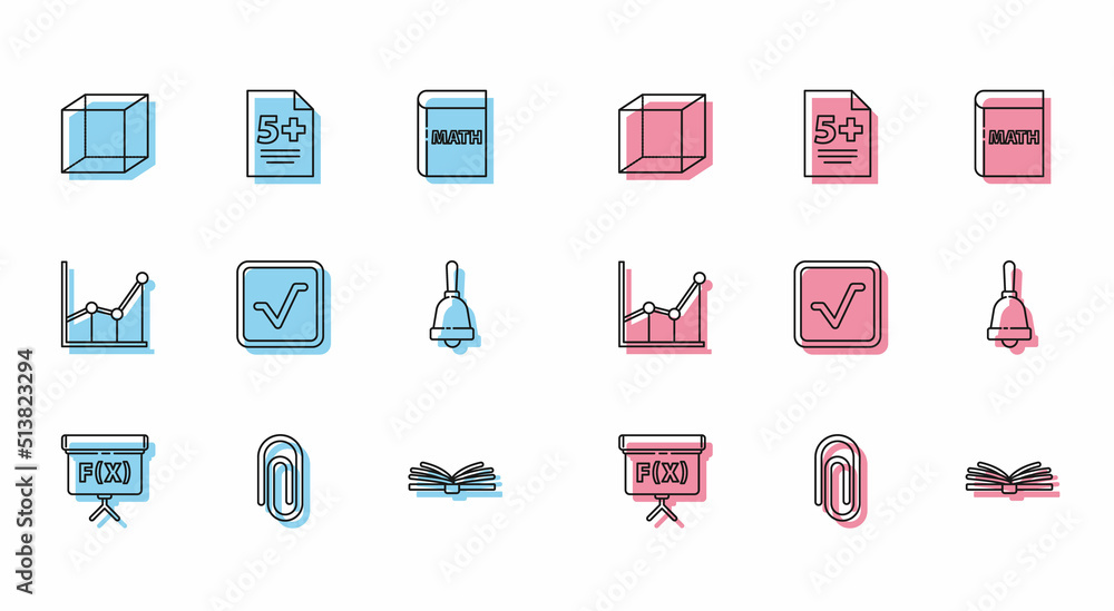 Poster set line geometric figure cube, book with word mathematics, function mathematical symbol, mobile cal