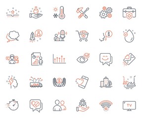 Business icons set. Included icon as Heart, Tv and People talking web elements. Business report, Smile face, Medical insurance icons. Vitamin e, Bumper cars, Truck delivery web signs. Vector