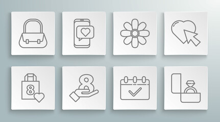 Set line Shopping bag with heart, Online dating app and chat, 8 March on hand, Calendar, Diamond engagement ring, Flower, Heart cursor click and Handbag icon. Vector