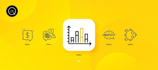 Fototapeta na wymiar Stress, Strategy and Diagram graph minimal line icons. Yellow abstract background. Creativity, Payment message icons. For web, application, printing. Messy anxiety, Puzzle, Presentation chart. Vector