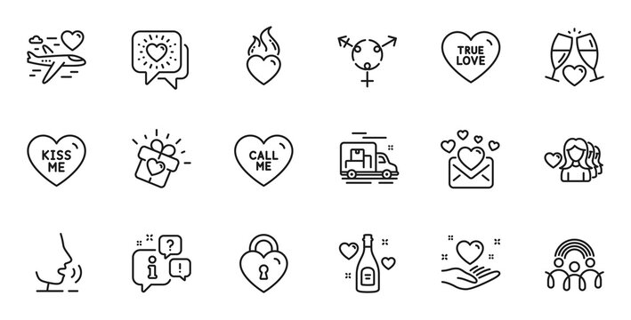 Outline set of Love mail, Kiss me and Wedding glasses line icons for web application. Talk, information, delivery truck outline icon. Include Hold heart, Love lock, Friends chat icons. Vector