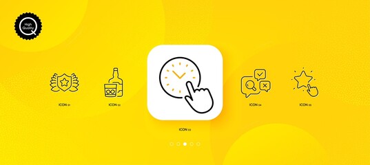 Fototapeta na wymiar Inspect, Time management and Whiskey glass minimal line icons. Yellow abstract background. Laureate, Ranking star icons. For web, application, printing. Vector