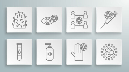 Set line Blood test and virus, Reddish eye due to, Bottle of liquid antibacterial soap, Hand with, Virus, spread, Syringe and Rabies icon. Vector