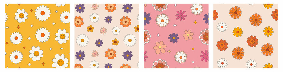 1970 Daisy Flowers Seamless Pattern Set