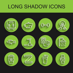 Set line Coffee cup to go, Tape measure, Bathroom scales, Fitness shaker, Smart watch, Treadmill machine, Shower head and Blood pressure icon. Vector
