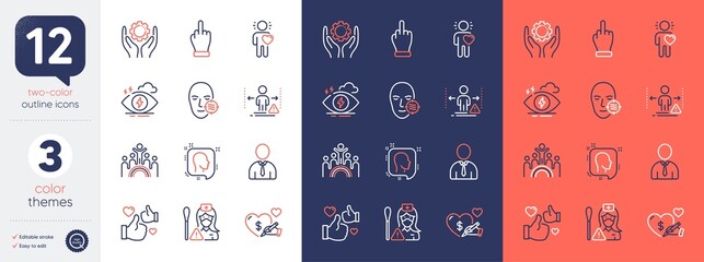 Set of Nurse, Friend and Like line icons. Include Social distance, Social care, Inclusion icons. Middle finger, Head, Employee hand web elements. Problem skin, Stress, Human. Swab test, Love. Vector