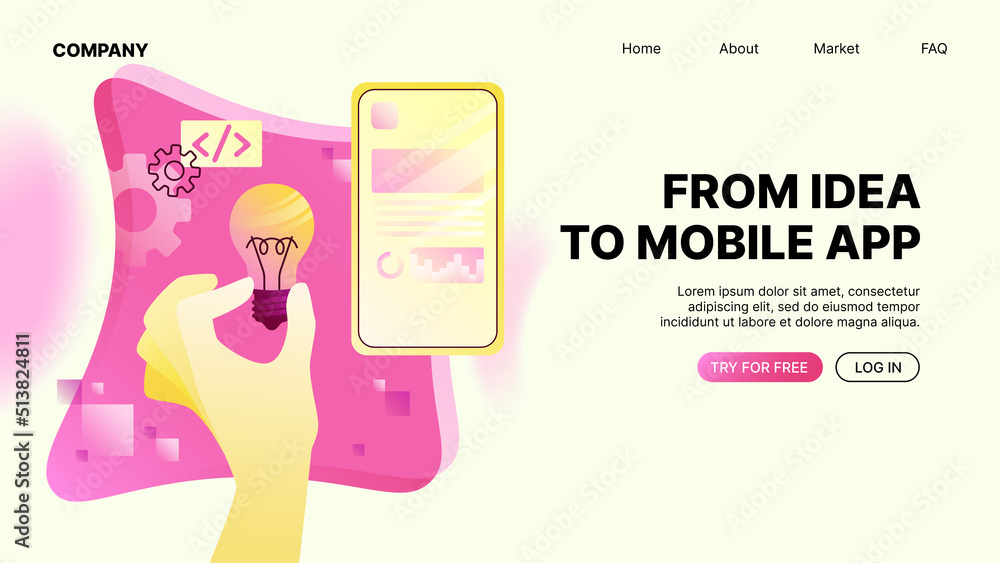 Poster from idea to mobile app banner. application development website landing page . vector illustration