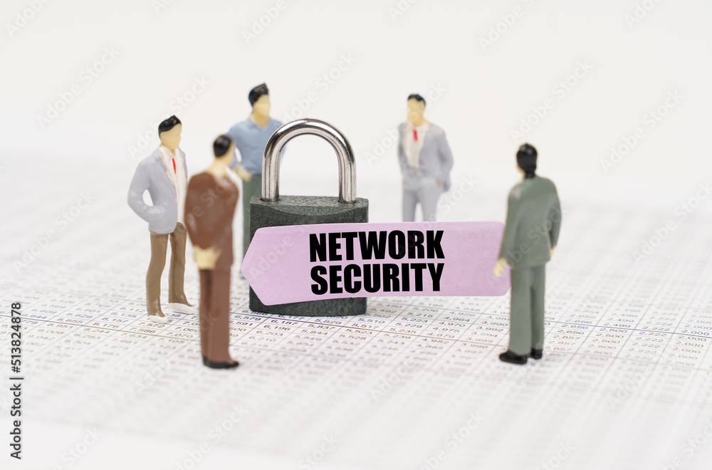 Poster there are figures of people on business reports, a padlock with a sticker on which it is written - n