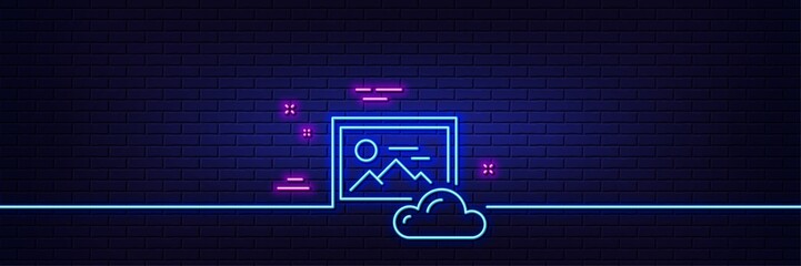 Neon light glow effect. Photo cloud line icon. Images cloud data sign. Picture placeholder symbol. 3d line neon glow icon. Brick wall banner. Photo cloud outline. Vector