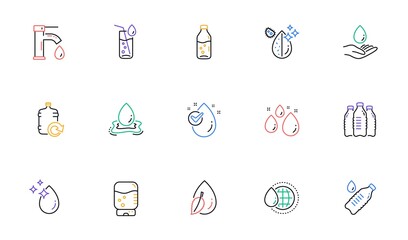 Water drop line icons. Bottle, Antibacterial filter and Tap water. Clean water linear icon set. Bicolor outline web elements. Vector