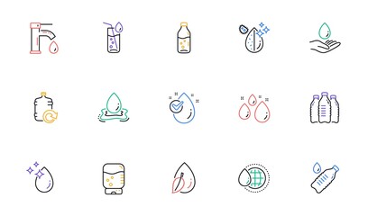 Water drop line icons. Bottle, Antibacterial filter and Tap water. Clean water linear icon set. Bicolor outline web elements. Vector