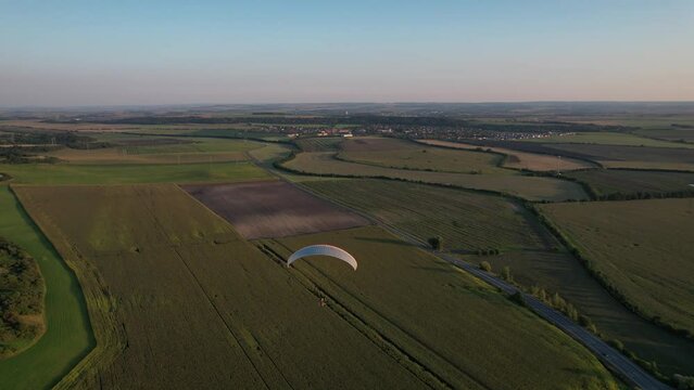 powered paragliding with paramotor aerial scenic panorama view of beautiful sunny sumer landscape in Czech republic,Europe