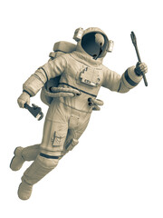 astronaut mechanic is floating with a pipe wrench on his hand