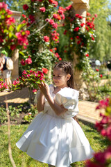 Summer portrait of pretty little girl wearing white dress, posing in red rose garden smelling flowers. Happy smiling girl