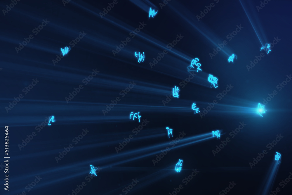 Aufkleber Abstract blue letter alphabet background with light rays. Digital transformation, technology and big data concept. 3D Rendering.