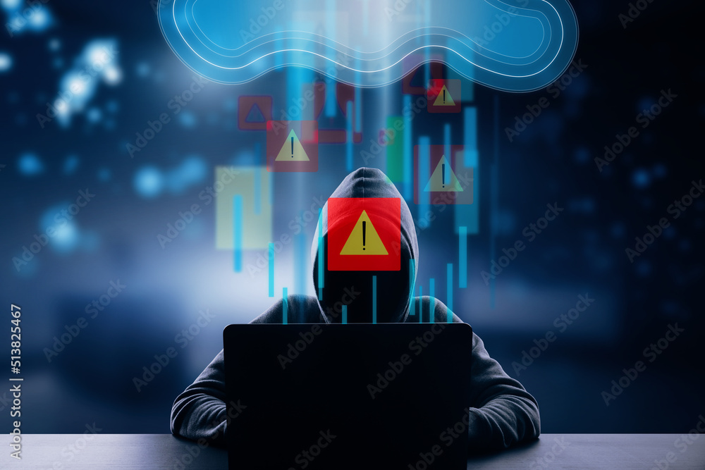 Aufkleber Cyber attack and hacking concept with faceless hacker silhouette in front of laptop and digital data cloud with exclamation points