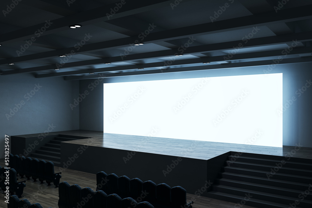 Poster Perspective view on big blank white illuminated screen with place for your text or logo and blue backlit in empty huge hall with scene, stairs and rows of seats. 3D rendering, mock up