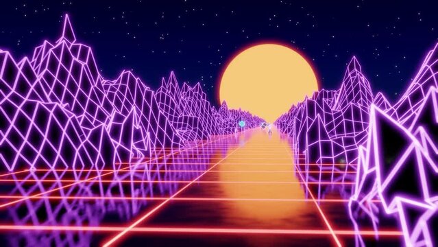 Looped 3D stylized vintage cyberpunk animation with mountains, sun in the style of the 80's, 90's. Landscape with neon light and low polygonal grid. Cyberpunk 3d illustration