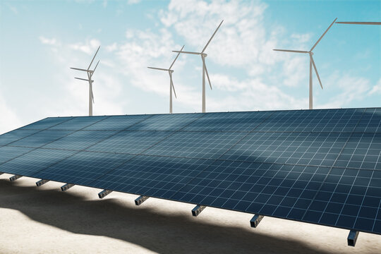 Green energy and alternative source of electricity concept with perspective view on sunlit solar farm on sand and windmills on background. 3D rendering