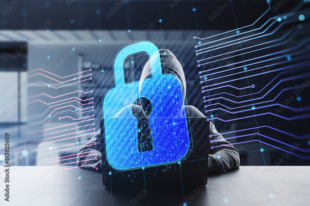 Poster Front view of hacker at desktop using laptop with glowing padlock hologram and lines on blurry office interior background. Secure, hacking, safety and protection concept. Double exposure.