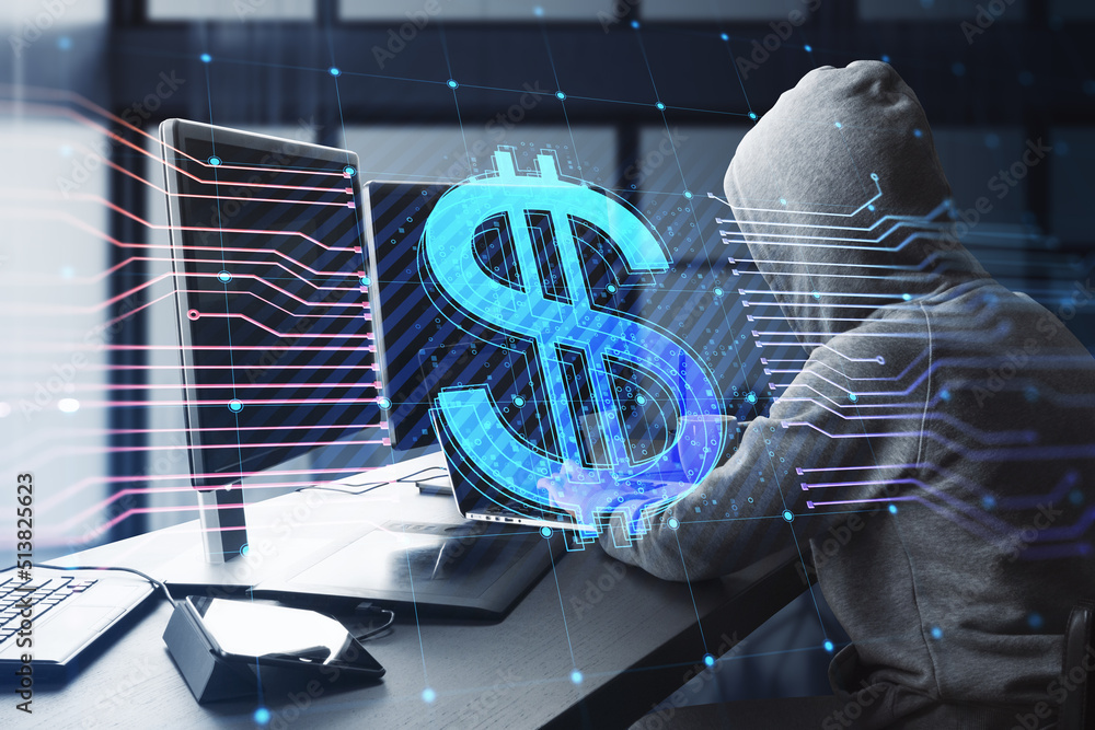 Poster hacker at desktop using computers with glowing dollar hologram and lines on blurry office interior background. E-commerce, online banking, cryptocurrency and finance concept. Double exposure.