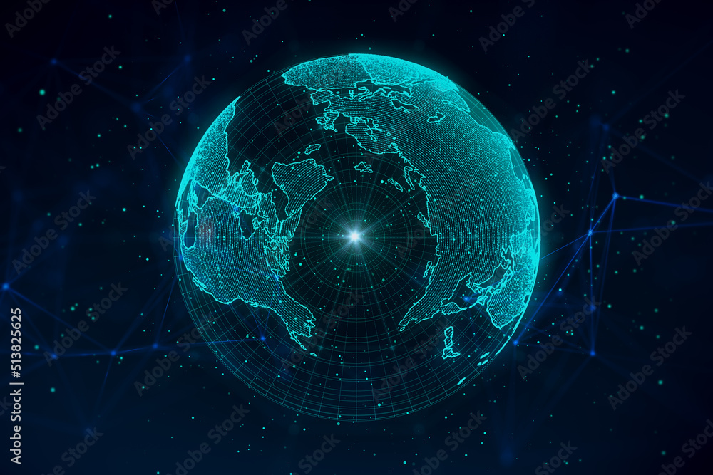 Poster creative glowing polygonal grid planet on dark background. globe, international map, communication, 