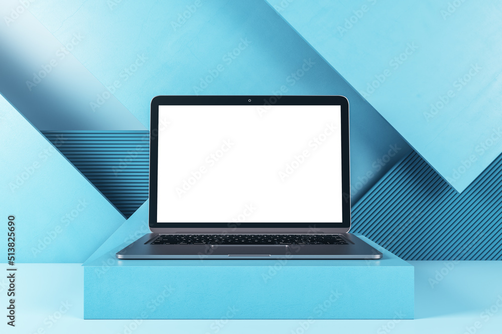 Aufkleber Close up of empty white laptop display on geometric wall background. Tech presentation and device concept. Mock up, 3D Rendering.