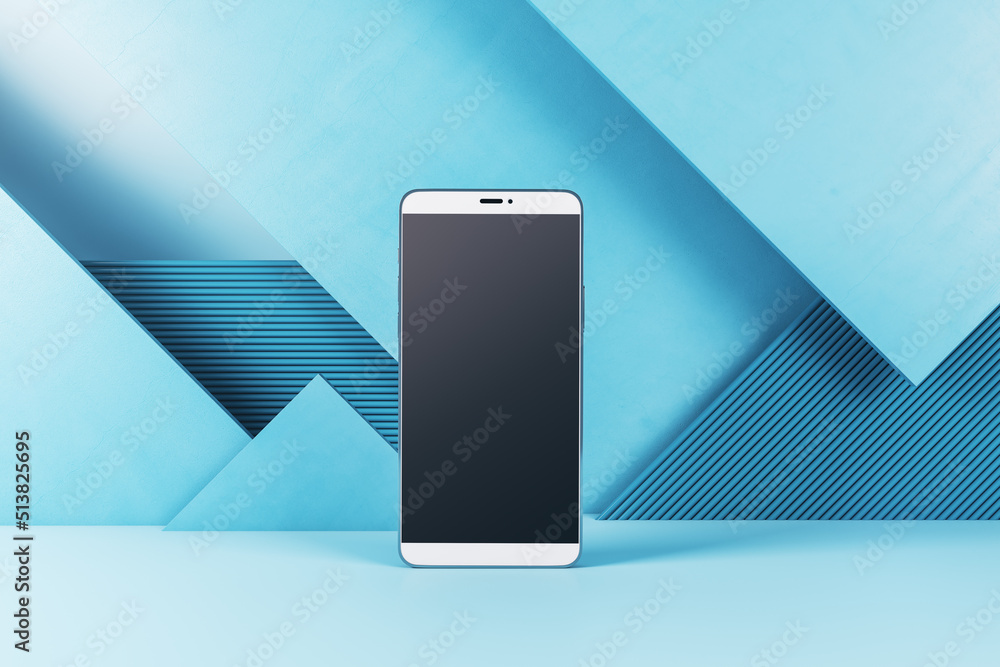 Poster Close up of blank cellular phone screen on blue geometric wall background. Tech presentation and device concept. Mock up, 3D Rendering.