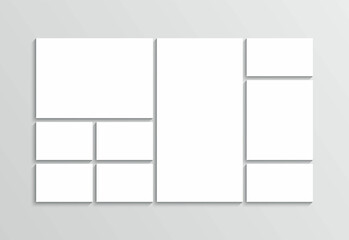 Mosaic pictures frame. Photo collage grid. Moodboard gallery. Mood board background. Banner template. Minimalist scrapbook layout. Album brandboard. Portfolio images isolated. Vector illustration