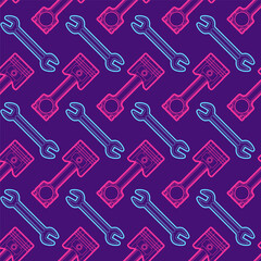 Naklejka premium Engine piston and Wrench pattern seamless. motorcycle pistons background. Car workshop texture