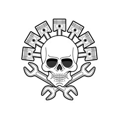 Skull and Engine piston sign. motorcycle pistons icon. Car workshop symbol