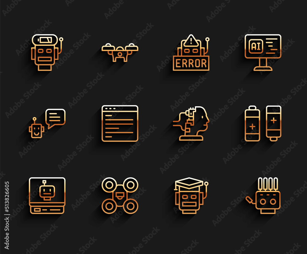 Poster set line robot, drone, low battery charge, mechanical robot hand, computer api interface, battery an
