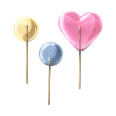 Lollipops on sticks are heart-shaped and round. Watercolor illustration. Isolated objects from a large set of SWEETS. For decoration, design, compositions. Greeting cards, posters, children's prints