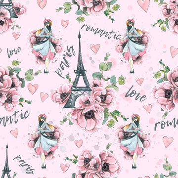 Eiffel Tower with anemone flowers, eucalyptus twigs and Parisian. Watercolor illustration in sketch style with graphic elements. Seamless pattern from a large set of PARIS. For fabric, textiles