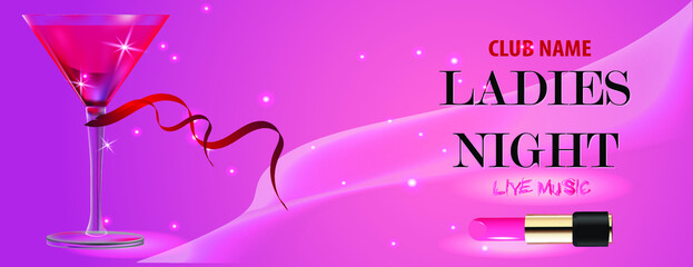 Elegant banner template for ladies night out with cocktail and lipstick
