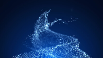 A vortex of dust particles. Illustration of a whirlpool on a blue background. The effect of levitation. Dynamic, explosive wave. Big data. 3D rendering