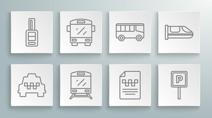 Set line Taxi car, Bus, Train, driver license, Parking, High-speed train and Car key with remote icon. Vector