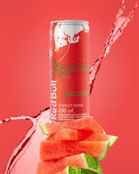 Sao Paulo - Brazil - 25 june 2022 - Closeup of drops of water on red bul energy drink can, watermelon flavor