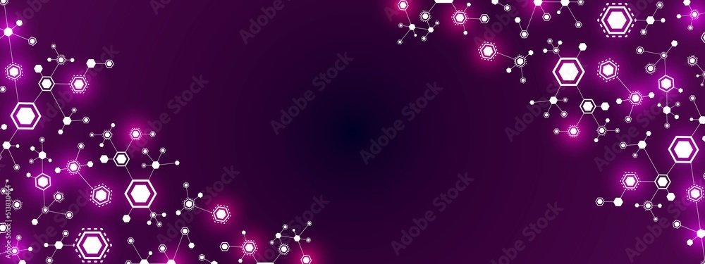 Poster neon vector abstract background frame. pattern of connected hexagons. structure of molecule. glowing