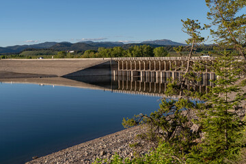 Jenny lake dam reservoir low water level.