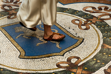 Bull mosaic (subject on focus) in Vittorio Emanuele II Gallery -  A woman spinning on for making a...