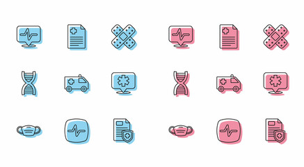 Set line Medical protective mask, Heart rate, Patient record, Ambulance car, Location hospital, DNA symbol and icon. Vector