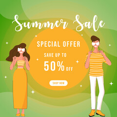 Summer sale banner.Season discount poster with happy girl and boy on the sunset. Promotional banner,flat vector illustration. Couple in love - obrazy, fototapety, plakaty