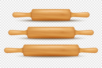 Vector 3d Realistic Textured Wooden Rolling Pin Icon Set Isolated. Kitchen Dough Roller, Design Template of Dough Rolling Pin for Bakery. Different Size. Front, Side View