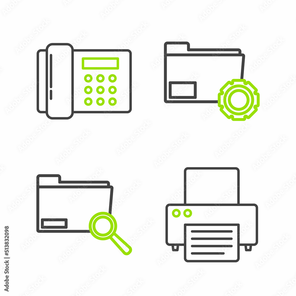 Poster set line printer, search concept with folder, folder settings gears and telephone icon. vector